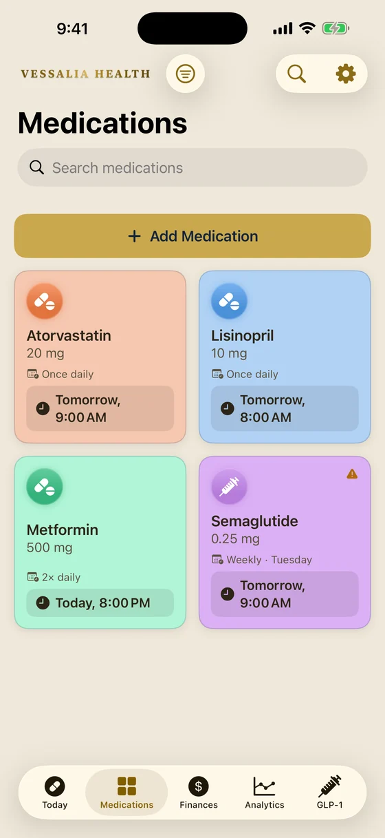 The Medications screen: a grid of cards, each painted in its own medication colour.