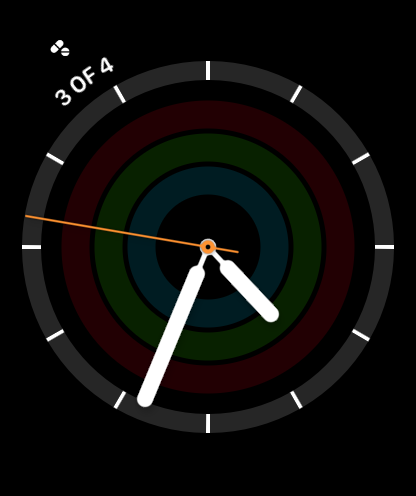 An Apple Watch face with a Vessalia complication in the corner reading 3 of 4.