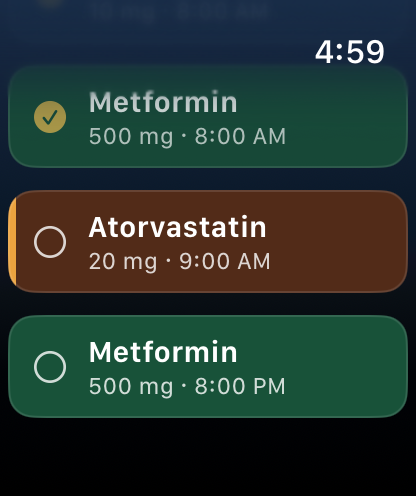 Today's doses on Apple Watch, each in its own medication colour, one carrying an amber overdue bar.