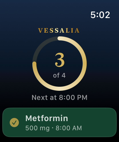 Vessalia Health on Apple Watch: a gold ring reading 3 of 4, with the next dose due at 8:00 PM.